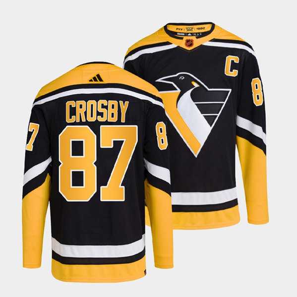 Mens Pittsburgh Penguins #87 Sidney Crosby Black 2022-23 Reverse Retro Stitched Jersey Dzhi